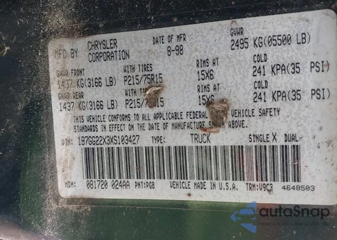 1999 Dodge Dakota Slt/Sport z USA, uszkodzony, nr VIN 1B7GG22X3XS103427